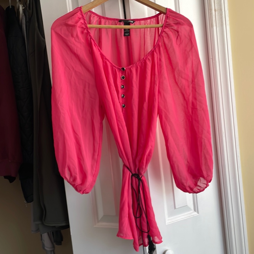 H&M sheer pink shirt with black buttons size 12